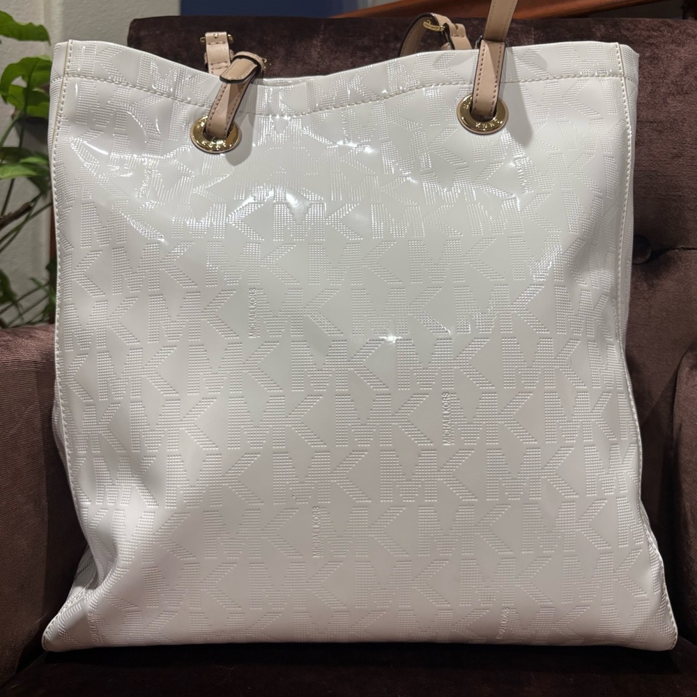 Michael Kors White Patent Tote with Tan Straps